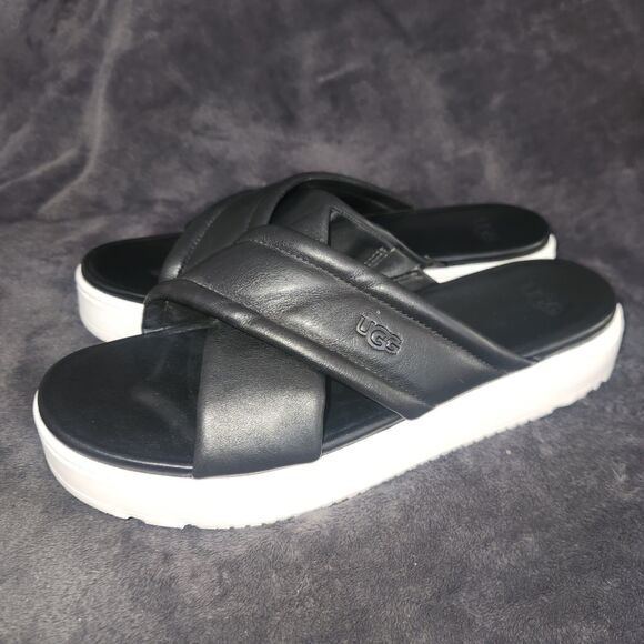 WOMENS US 11 UGG ZAYNE CROSSBAND SANDAL BLACK LEATHER PLATFORM SLIDE - Picture 4 of 9